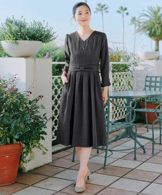 Tiaclasse L リボンウエスト切替ワンピース チャコールグレー