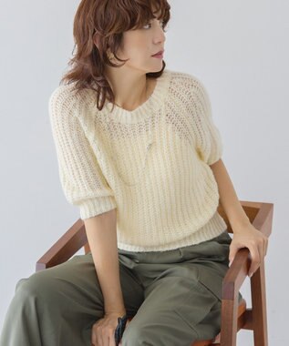 AMERICAN HOLIC モヘヤ風シアー半袖ニットトップス Ivory