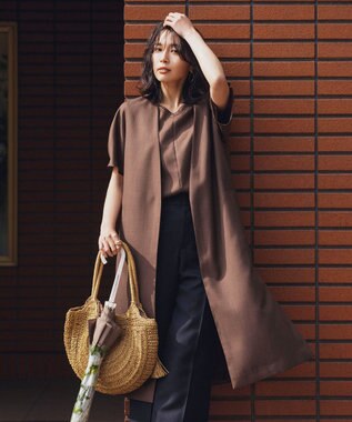 自由区 L 【接触冷感・速乾・UVカット・撥水・防シワ】リネンライクツイル ロングジレ ダークブラウン系