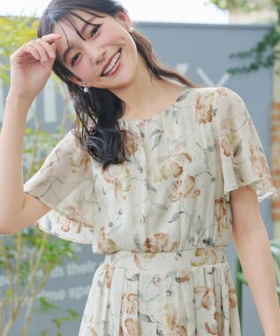 Tiaclasse 大花柄シフォンワンピース グレージュ