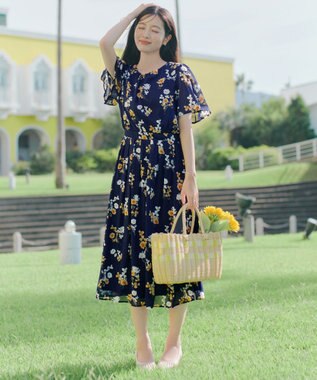 Tiaclasse 大花柄シフォンワンピース ネイビー