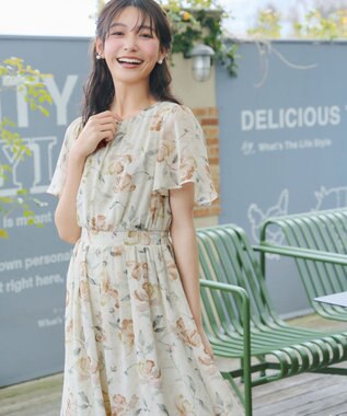 Tiaclasse 大花柄シフォンワンピース グレージュ