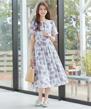 Tiaclasse 大花柄シフォンワンピース ブルー