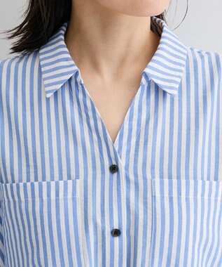 Green Parks ウエストリボンミディ丈ワンピース Stripe Blue