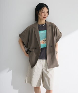 Green Parks 麻調フレンチスリーブジャケット Gray Beige