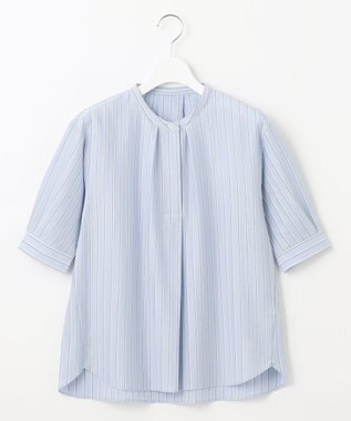 J.PRESS LADIES S 【イージーケア】ストライプジャージー バンドカラー カットソー サックスブルー系1