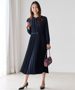 ANY SIS 【洗える】スタンドカラープリーツ ワンピース ネイビー