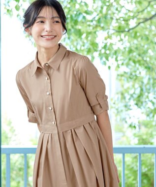 Tiaclasse L 【洗える】パール釦フレアシャツワンピース モカ