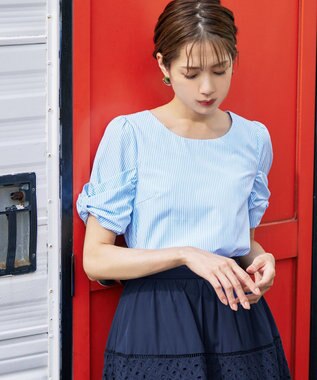 Tiaclasse 【洗える】リボン袖ブラウス サックスストライプ