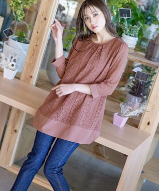 Tiaclasse L 【洗える】レースコンビチュニックブラウス モーヴピンク