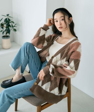 earth music&ecology ループ編みアーガイルカーディガン Mocha