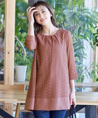 Tiaclasse L 【洗える】レースコンビチュニックブラウス モーヴピンク