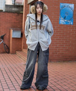 WEGO 【ユニセックス着用ITEM/SMLサイズ展開】レオパードワッペンダブルZIPパーカー 杢グレー