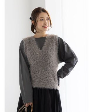 Te chichi シャギーヤーンVネックベスト モカ