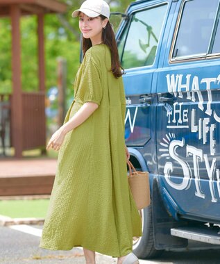 Tiaclasse 【新色追加・洗える】ワッフルVネックワンピース ライム