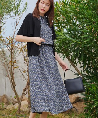 Tiaclasse 【洗える】花柄フレンチスリーブワンピース ブルー