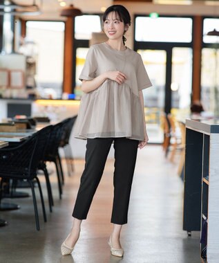 Tiaclasse 【おのののかさん着用】 「サマケア」ストライプチュール切り替えトップス グレージュ
