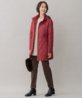 自由区 L 【洗える】ブライトキルト フード付きコート レッド系