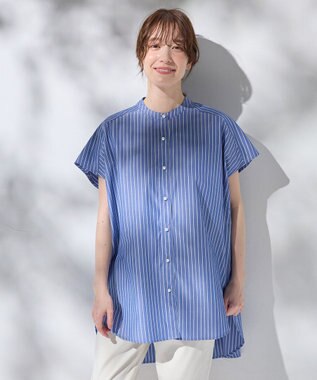 ANY 【洗濯機可】ラメストライプ半袖シャツブラウス ネイビー×オフストライプ