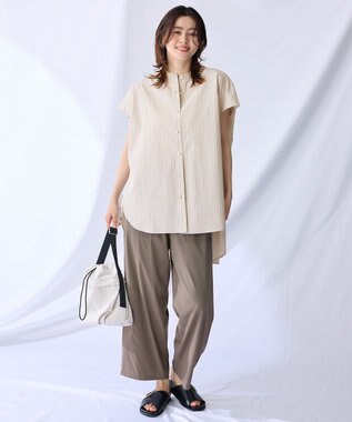 ANY 【洗濯機可】ラメストライプ半袖シャツブラウス グレー×オフストライプ