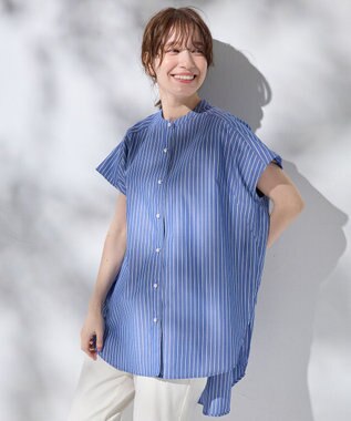 ANY 【洗濯機可】ラメストライプ半袖シャツブラウス ネイビー×オフストライプ