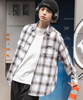 WEGO オンブレチェックグラフィックシャツ（LS） ホワイトチェック1