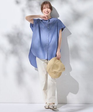 ANY 【洗濯機可】ラメストライプ半袖シャツブラウス ネイビー×オフストライプ