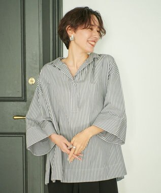 #Newans 【ANSWER for ヘルシーカジュアル】ワイドスリーブシャツ グレー系ストライプ