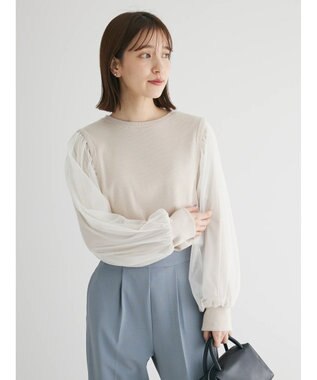 Green Parks 袖チュールドッキングリブプルオーバー Light Beige