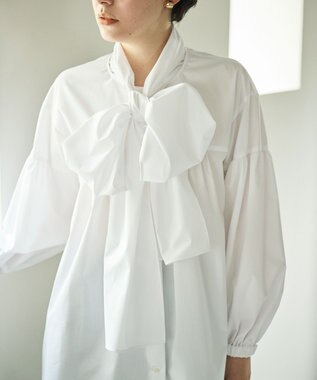 #Newans 【シワになりにくい/洗濯機可能/袖ゴム】ビッグリボンブラウス ホワイト