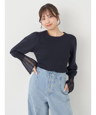 earth music&ecology 袖ポイントニットプルオーバー Navy