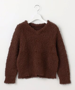 Feroux 【洗える】シャギーVネック ニット ダークブラウン系