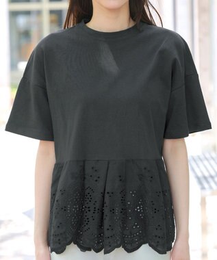 Tiaclasse 【洗える】刺繍レースドッキングカットソートップス チャコールグレー