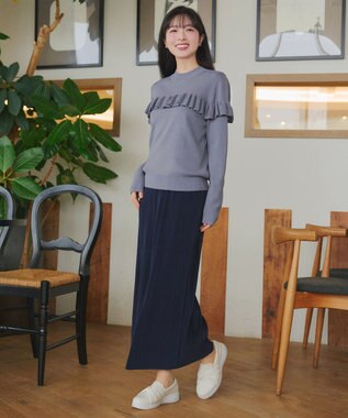 Tiaclasse L モックネックフリルニットトップス ブルー