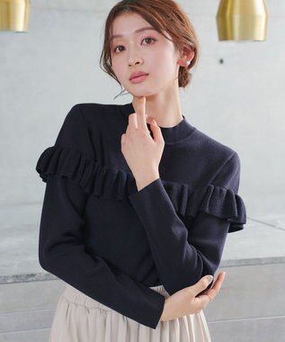 Tiaclasse L モックネックフリルニットトップス ネイビー