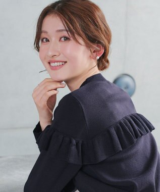 Tiaclasse L モックネックフリルニットトップス ネイビー