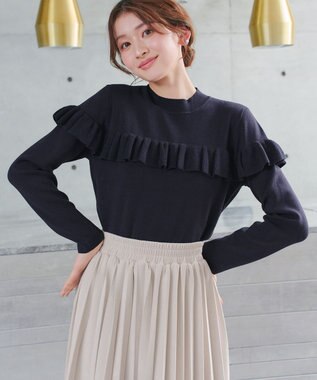 Tiaclasse L モックネックフリルニットトップス ネイビー