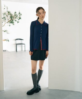 earth music&ecology バイカラートリムロングニットカーディガン Navy