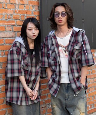 WEGO 【ユニセックス着用ITEM/MLサイズ展開】オンブレチェックフードシャツ（SS）