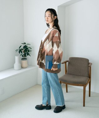 earth music&ecology ループ編みアーガイルカーディガン Mocha