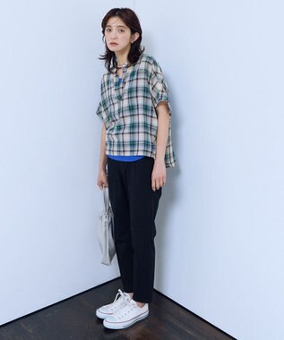 ANY シアーチェックスキッパーブラウス ブルー系