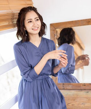 Tiaclasse L 【洗える】スタイルアップも叶うヴィンテージサテンワンピース ブルー