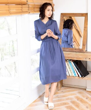 Tiaclasse L 【洗える】スタイルアップも叶うヴィンテージサテンワンピース ブルー
