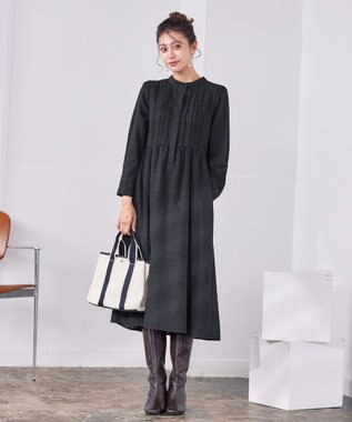 Tiaclasse 【洗える】バンドカラーチェック柄シャツワンピース チャコールグレー