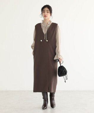 Green Parks フリルカラーリボンブラウス Beige