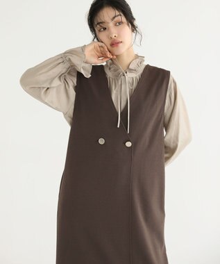 Green Parks フリルカラーリボンブラウス Beige