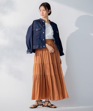 自由区 L 【洗える/着丈調節可】カラー ティアードスカート キャメル系