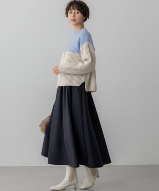 23区 S 【洗える】ウールカシミヤ カラーブロック バルキー ニット サックス×ベージュ