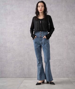 WEGO ハイウエストストレッチフレアデニムパンツ デニム中濃加工色