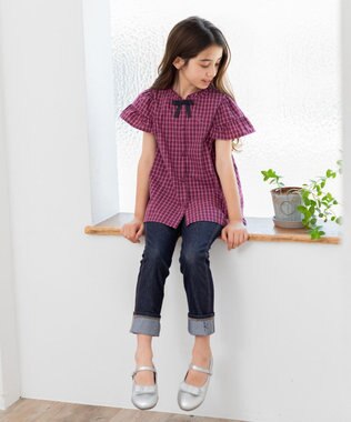 組曲 KIDS 【150-160㎝】チェックラッフル ブラウス ラズベリー系3
